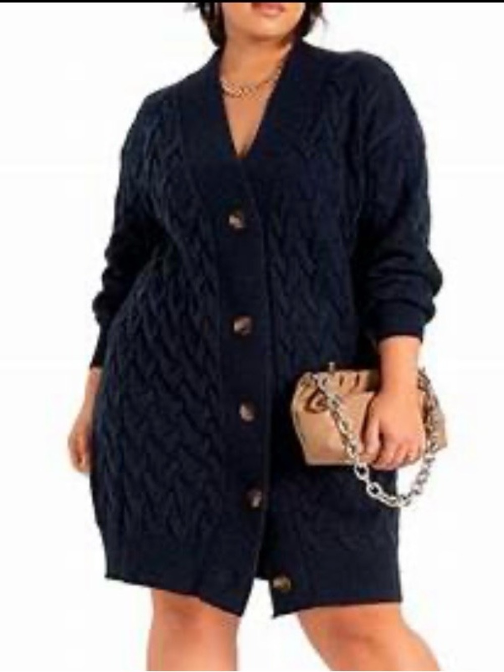 Eloquii Navy Cable Knit Button-Front Cardigan